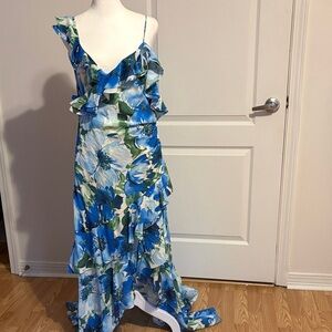Alex Marie Asymmetrical Dress with Blue and Green Floral Design